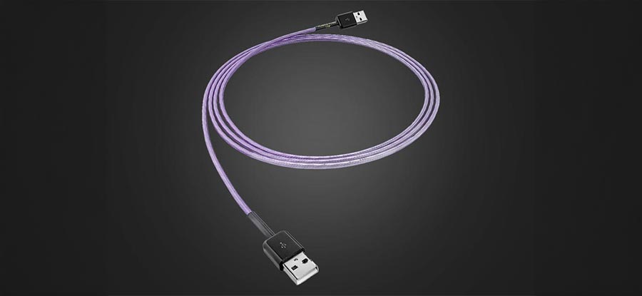 Nordost Purple Flare USB cable with standard-A connectors on a dark background