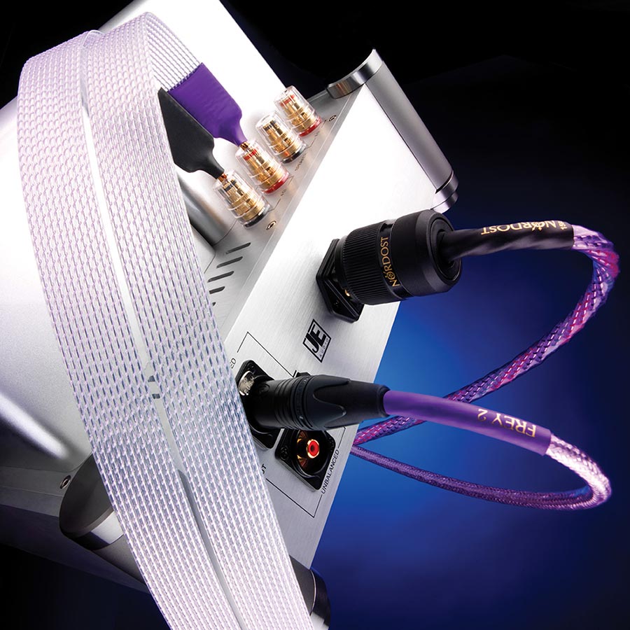 Close-up of Nordost Frey 2 cables connected to a high-end audio component