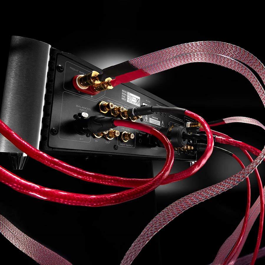 Rear view of amplifier with Nordost Heimdall 2 cables in a luxury setup
