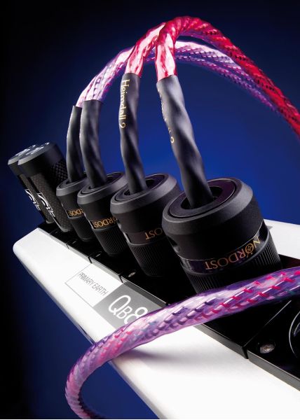 Nordost Heimdall 2 power cables plugged into a QB8 power distributor with braided sheaths