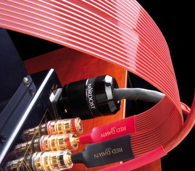 Red Dawn Nordost speaker cables connected to amplifier terminals with elegant curve in foreground