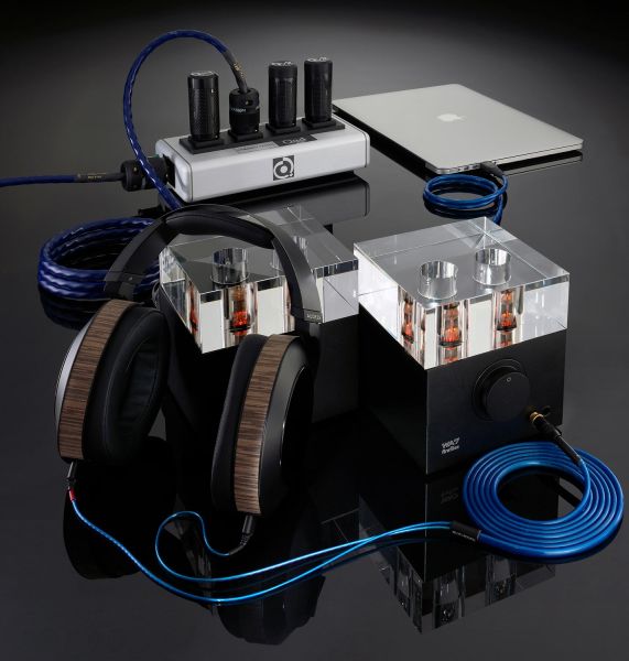 Headphone listening setup with Nordost cabling, tube amps, and QRT power distribution